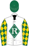 White, dark green diamond, white r, green and gold diamonds on sleeves, green cap, white visor