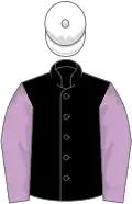 Black, lilac sleeves, white cap
