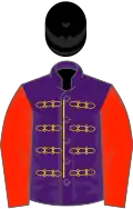 Purple, gold braid, scarlet sleeves, black velvet cap, gold fringe