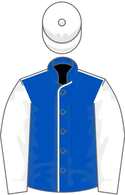 Blue, white seams, white sleeves, white cap