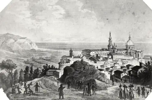 Pèlerins arrivant au sanctuaire de la sainte Maison de Lorette sur une estampe datant de 1870.