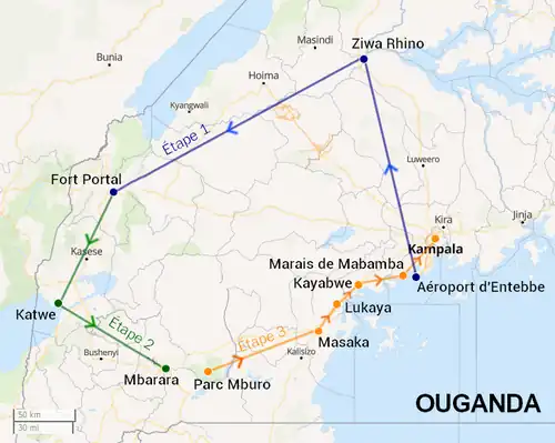 Carte en couleurs représentant le parcours en Ouganda.