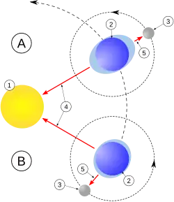Schéma de la Terre à deux points de son orbite avec la Lune alignée ou non au Soleil. Un bourrelet d'eau sur la Terre suit la trajectoire de la Lune.