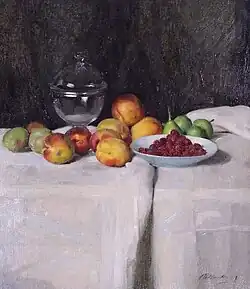 Nature morte avec fruits, huile sur toile, 50&nbsp;×&nbsp;50&nbsp;cm.
