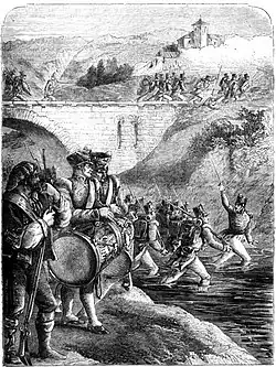 illustration de la bataille en noir et blanc avec des soldats qui traversent une rivière