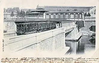 Station de la ligne 1, en 1903, à l'extrémité du canal Saint-Martin. Au fond : toiture de l'ancienne gare de la Bastille.