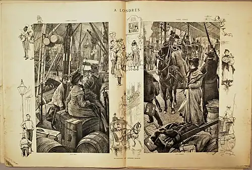 À Londres, marges d'Adrien Marie encadrant deux illustrations de James Tissot, Paris-Noël, 1886.