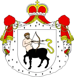 Blason figurant un centaure tirant sur un serpent qui est également sa queue.