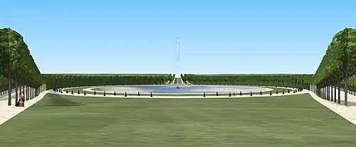 Vue sur le rond d'eau depuis le banc placé dans l'axe, début du XVIIIe&nbsp;siècle.