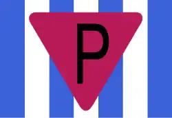 Image d'un triangle rouge avec un P majuscule au centre dessiné sur des bandes verticales bleues et blanches