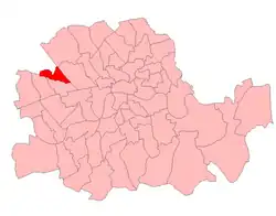 Carte présentant la circonscription de Paddington North de 1918 à 1949. Elle se situe au Nord-Ouest de la ville de Londres.