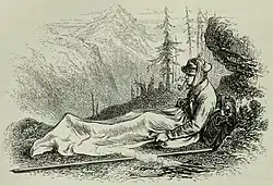 Dessin d'un homme couché sous un drap dans la montagne.