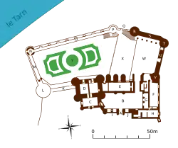 Plan de masse d'une forteresse surplombant des jardins et terrasses, eux-mêmes situés au-dessus des rives de la rivière Tarn.