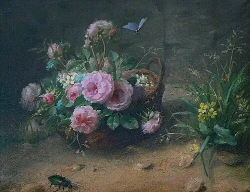 Panier de fleurs au papillon et au scarabée, localisation inconnue.