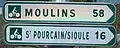 Panneau de position avec indications de destination et de distance (Moulins 58, Saint-Pourçain-sur-Sioule 16).