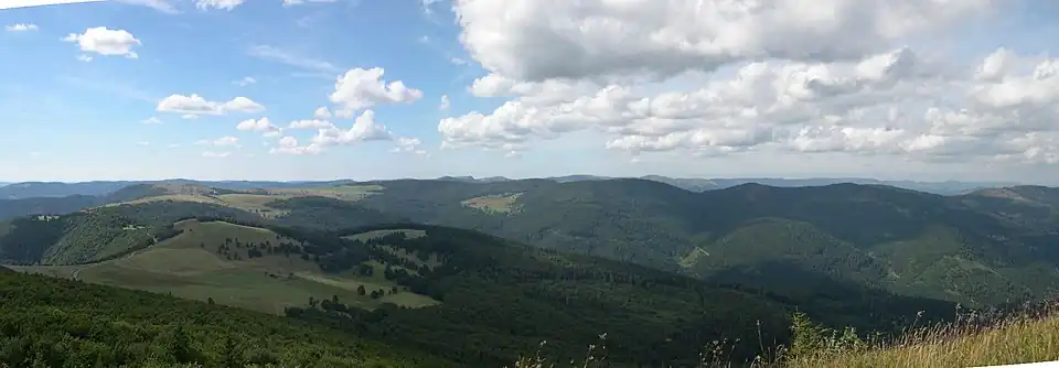 Vue panoramique sur la partie centrale des Vosges depuis le sommet - 15 août 2005.