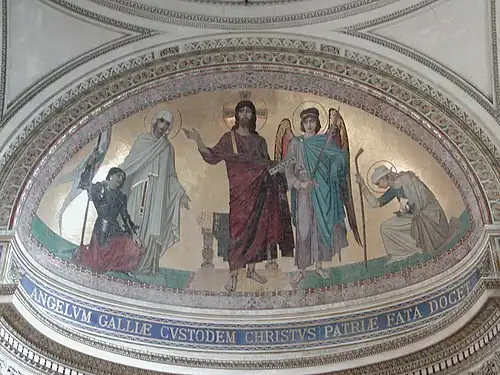 Cul-de-four de l'abside du Panthéon de Paris, représentant Le Christ enseignant à l'ange gardien de la France les destinées de la Patrie, (ANGELVM GALLIÆ CVSTODEM CHRISTVS PATRIÆ FATA DOCET) (1875-1884). Dessin par Ernest Hébert, atelier Guilbert-Martin.