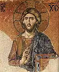 Christ Pantocrator (Le Sauveur Tout-Puissant). Mosaïque de la galerie sud de la cathédrale de Sainte-Sophie (Constantinople). Premier quart du XIIe&nbsp;siècle.