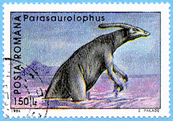 Timbre roumain de 1994 montrant un Parasaurolophus en train de se baigner.