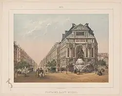 Illustration en couleurs de la place Saint-Michel à Paris dans les années 1870. À gauche, la rue Saint-Michel s'étend en ligne droite jusqu'au loin, et à droite la fontaine Saint-Michel devant la façade d'un immeuble, à l'unification de deux rues. Les rues sont peuplées de nombreuses personnes, principalement des femmes en imposantes robes colorées, et quelques calèches, elles aussi de couleur.