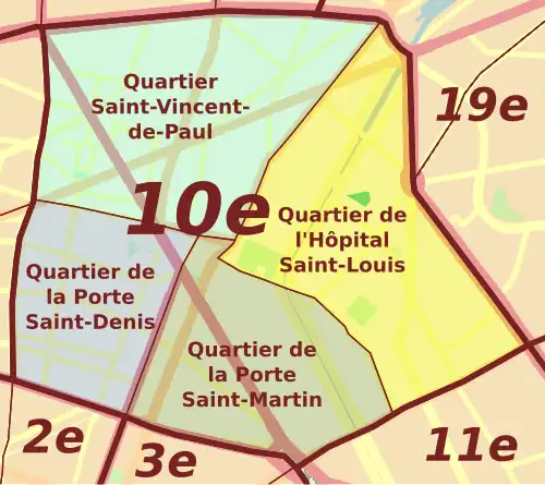 Localisation administrative du quartier dans le 10e&nbsp;arrondissement actuel.