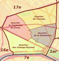 Carte des quatre quartiers administratifs du 8e&nbsp;arrondissement.