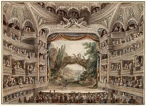 Tableau à l'aquarelle de la scène, du parterre et des loges de côté.