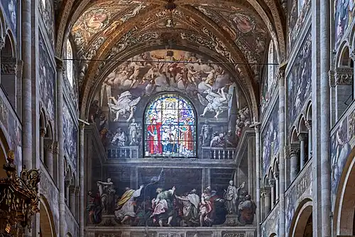 La peinture du haut représente l'Ascension. Le vitrail du haut représente saint Bernard, saint Hilaire et l'écusson du mont-de-piété.