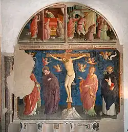 Parri Spinelli. Crucifixion entre la Vierge et les Saints; lunette: Histoires de Saint Nicolas, vers 1435-37. Fresque.