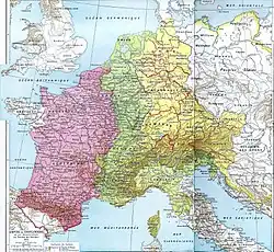 En 843, Entraunes dans la Provence qui fait alors partie de la Lotharingie (en vert) du roi Lothaire Ier.