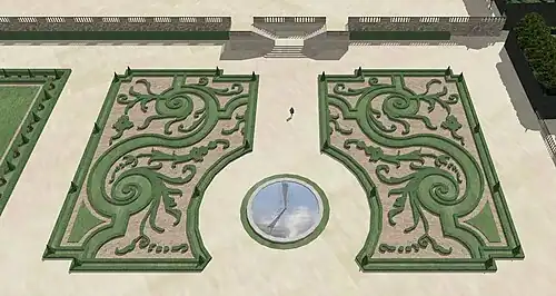 Vue d'artiste du parterre bas du château d'Issy, état vers 1700.