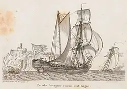Une patache portugaise en mer au début du XIXe&nbsp;siècle.