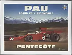 Affiche en couleur avec l'inscription « PAU GRAND PRIX AUTOMOBILE PENTECOTE ».