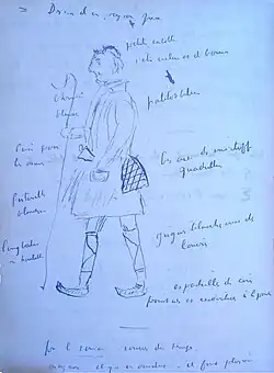 Croquis sur page bleue représentant un personnage en pied, de profil. Il marche avec un bâton. De nombreuses annotations tout autour du dessin, de la main de Bourget.