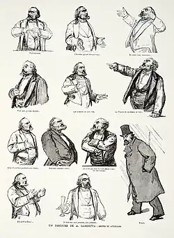 Assemblage de dessins montrant les gestes et attitudes d'un homme s'exprimant.