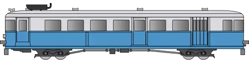 Autorail avec un bas de caisse bleu clair et un haut de caisse gris clair.