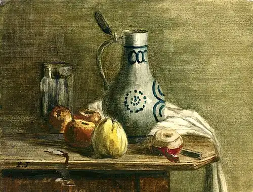 Nature morte, 1875 (aquarelle sur papier ; 13,8&nbsp;×&nbsp;23,2&nbsp;cm), Liège, musée de la Vie wallonne.