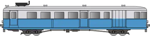 Autorail avec un bas de caisse bleu clair et un haut de caisse gris clair.