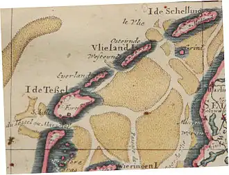 L'île d'Eierland comme île séparée, située entre Texel et Vlieland.