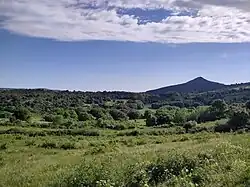 Paysage de prés et de forêt, au loin une haute colline surmontée de 2 antennes métalliques de télécommunication.