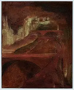 Paysage rouge avec Notre-Dame et ses ponts.