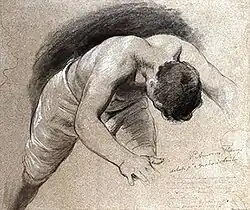 Dessin en noir et blanc sur fond sépia. Un homme à demi-nu se penche en avant la tête basse, comme en train de tomber des suites d'un coup qui lui a été porté.