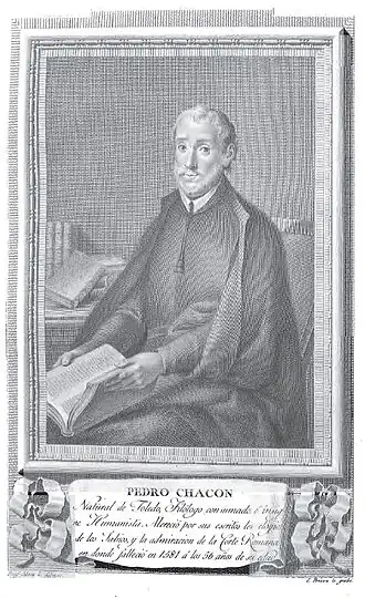 Retrato de Pedro Chacón, gravure d'après un dessin de José Maea&nbsp;(es), pour Colección de retratos de Españoles ilustres (1791).