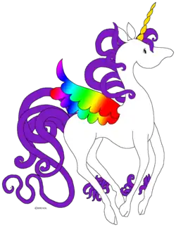 Un dessin naïf représentant une licorne ailée