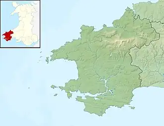 Carte physique du Pembrokeshire mettant en évidence les collines de Preseli au nord-est.