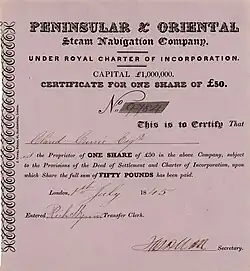 Action de la Peninsular & Oriental Steam Navigation Company de 50 £, émise à Londres le 1er juillet 1845