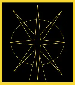 Sur fond noir, le contour jaune de deux étoiles à quatre branches superposées et le contour d'un cercle plus petit que les branches des étoiles.