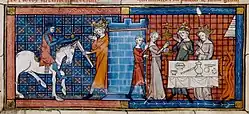 Enluminure du roman de Perceval datant du XIIe&nbsp;siècle où est montré Perceval recevant une épée du roi Pêcheur