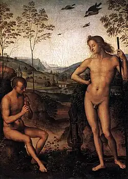 Homme nu debout devant un joueur de flûte