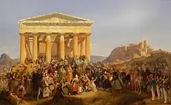 Tableau représentant un jeune homme entouré d'une foule nombreuse devant les ruines d'un temple antique.